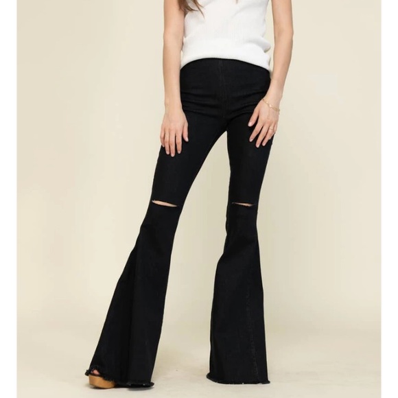 Back to Black Flare Jeans - Pull on Black Distressed Slit Knee Denim Bell Bottom - Picture 4 of 10
